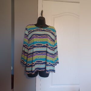 Bob Mackie Wearable Art Tunic Blouse- Sz M Gold Chain Stripe Blue Green Purple